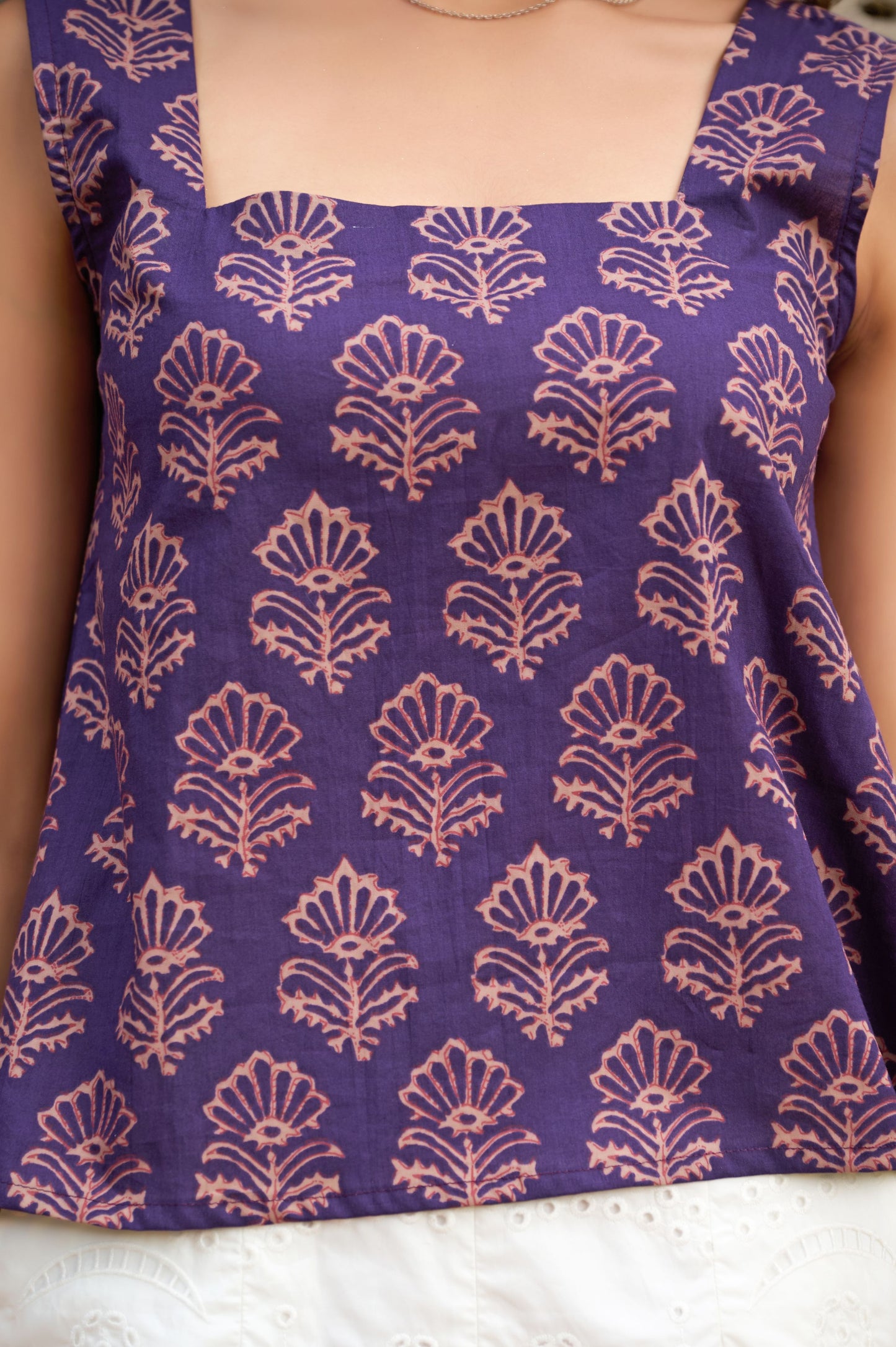 Violet Floral Print Fit & Flare Cotton Stitched Crop Top