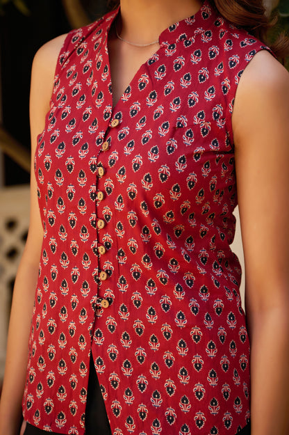 Maroon Floral Printed Straight Cotton Stitched Top