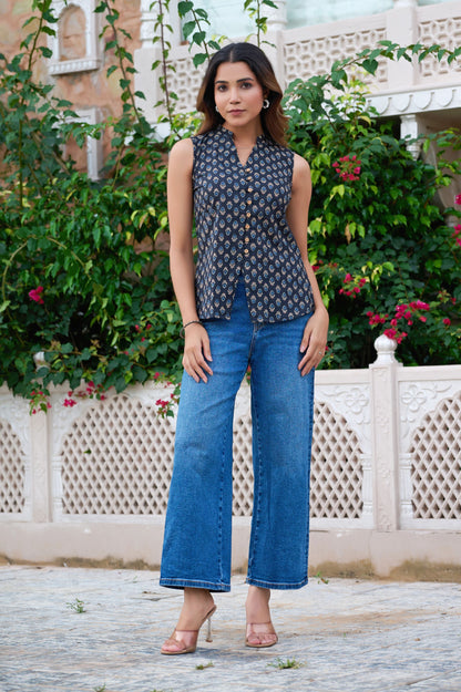Black Floral Printed Straight Cotton Stitched Top