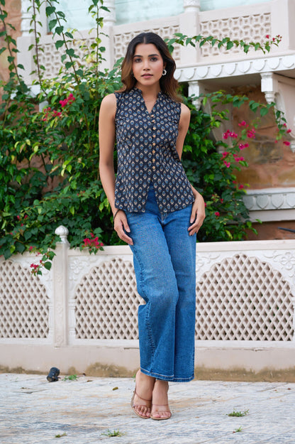 Black Floral Printed Straight Cotton Stitched Top