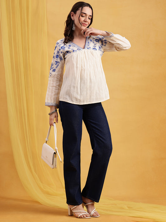 Off-White & Blue Floral Embroidered  Straight Cotton Jacquard Stitched Top