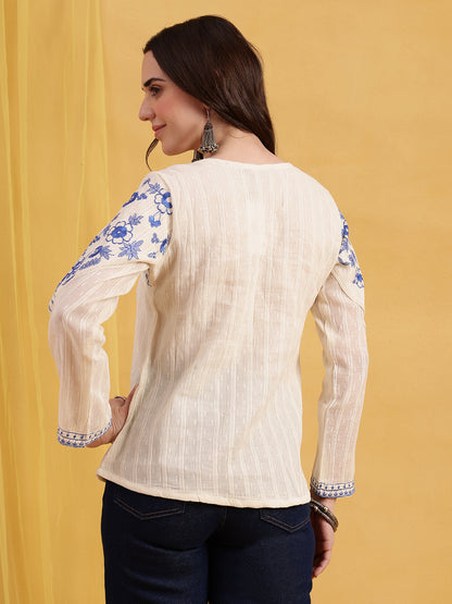 Off-White & Blue Floral Embroidered  Straight Cotton Jacquard Stitched Top
