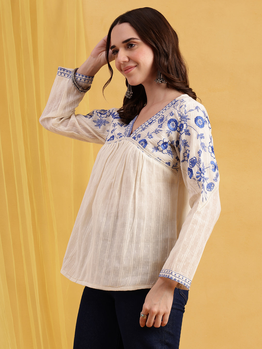 Off-White & Blue Floral Embroidered  Straight Cotton Jacquard Stitched Top