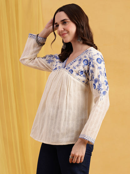 Off-White & Blue Floral Embroidered  Straight Cotton Jacquard Stitched Top