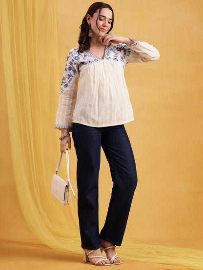 Off-White & Blue Floral Embroidered  Straight Cotton Jacquard Stitched Top