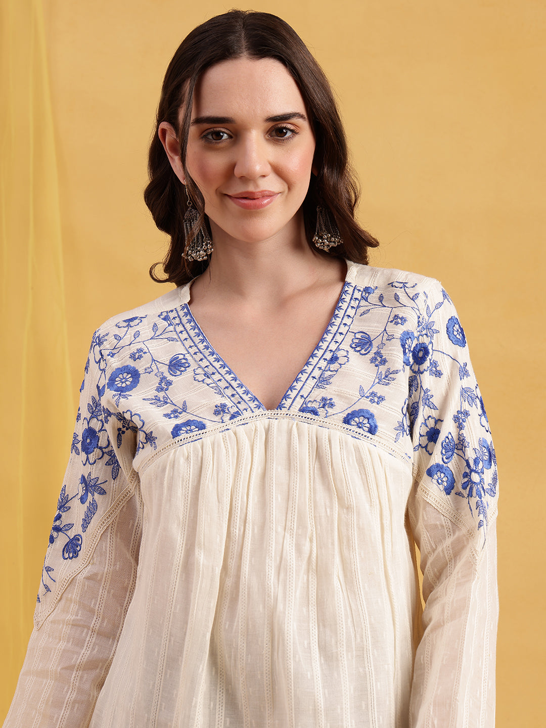 Off-White & Blue Floral Embroidered  Straight Cotton Jacquard Stitched Top