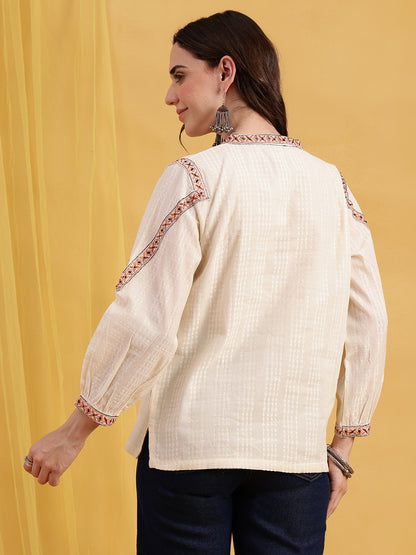Off-White Floral Embroidered  Straight Cotton Jacquard Stitched Top