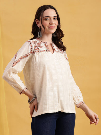 Off-White Floral Embroidered  Straight Cotton Jacquard Stitched Top