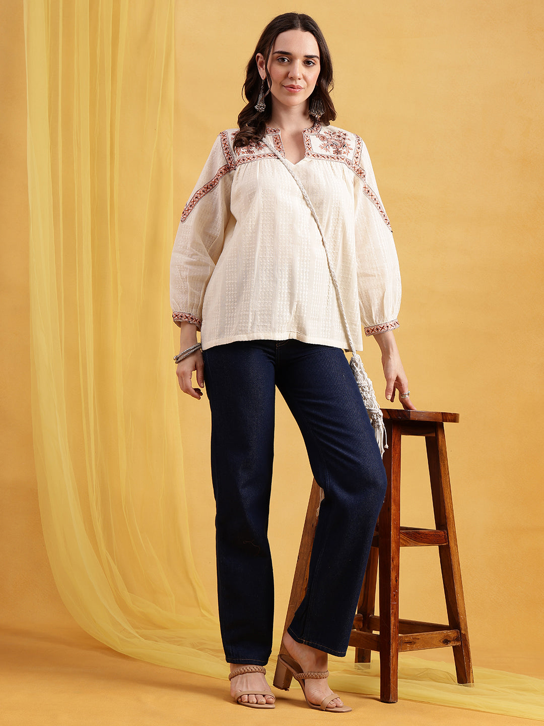 Off-White Floral Embroidered  Straight Cotton Jacquard Stitched Top