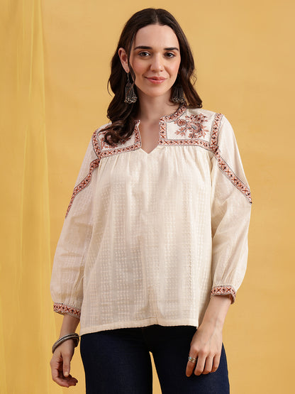 Off-White Floral Embroidered  Straight Cotton Jacquard Stitched Top