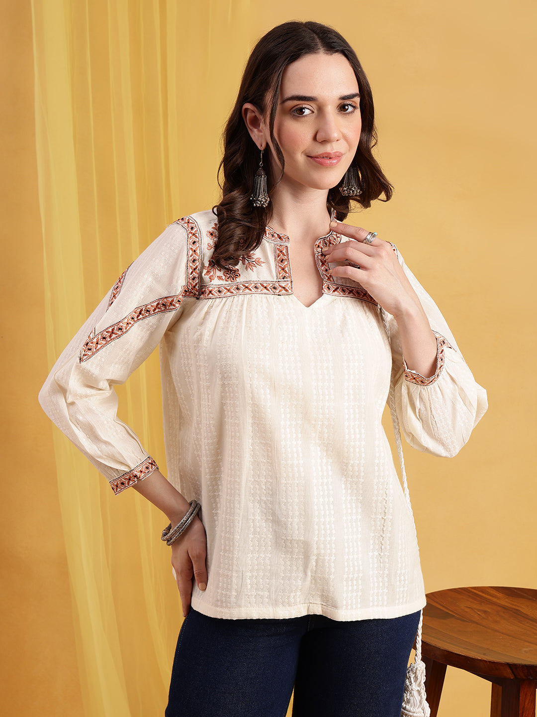 Off-White Floral Embroidered  Straight Cotton Jacquard Stitched Top