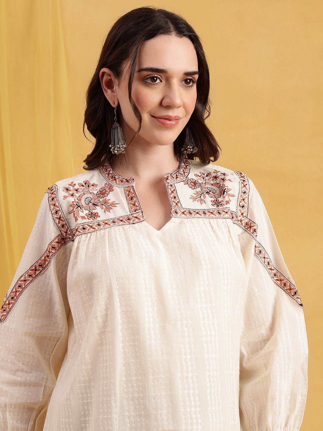Off-White Floral Embroidered  Straight Cotton Jacquard Stitched Top