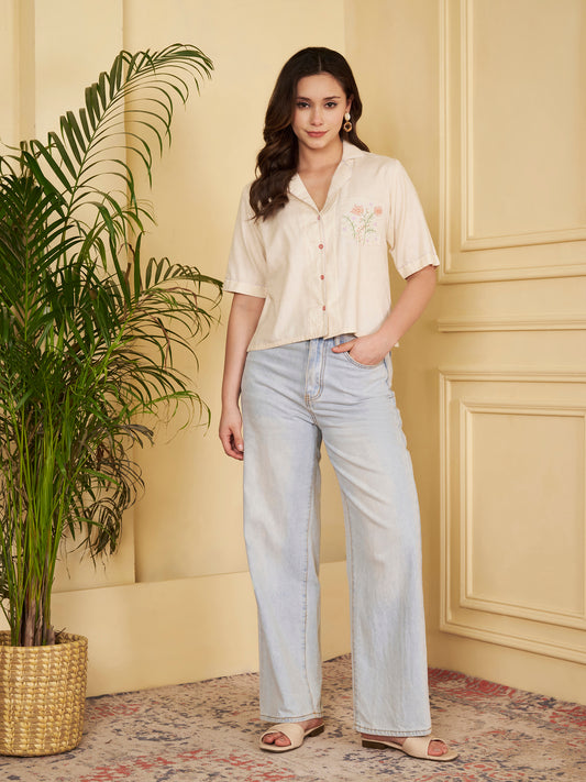 Off-White Solid Straight Cotton Flex Stitched Top
