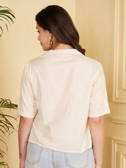 Off-White Solid Straight Cotton Flex Stitched Top
