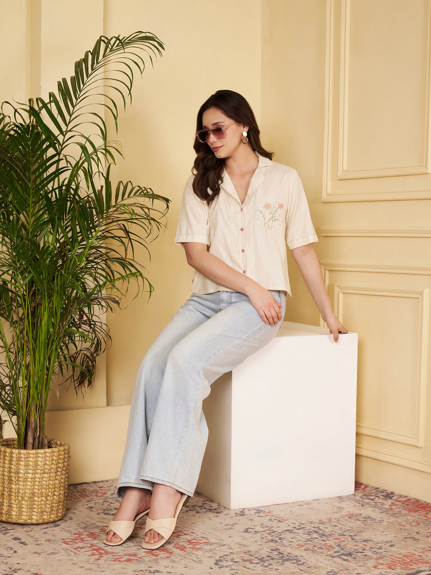 Off-White Solid Straight Cotton Flex Stitched Top