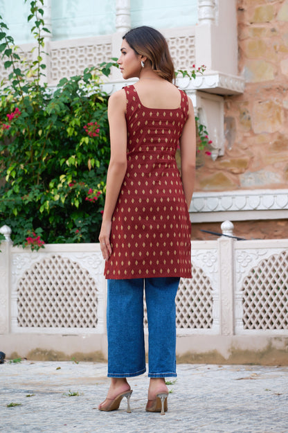 Maroon Geometric Print Straight Cotton Stitched Short Kurta