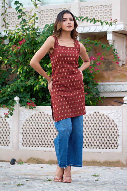 Maroon Geometric Print Straight Cotton Stitched Short Kurta