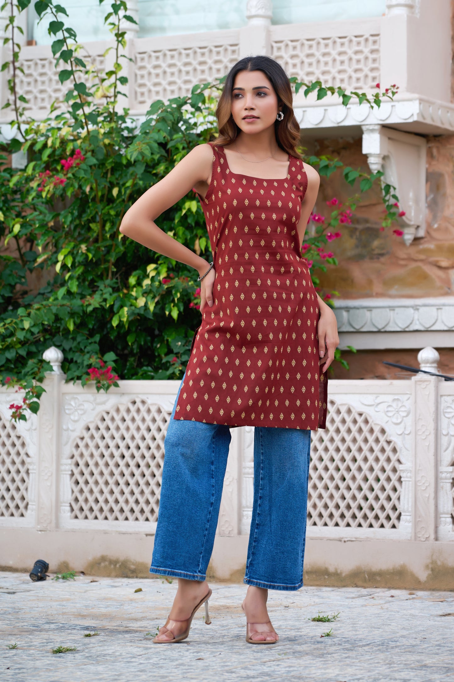 Maroon Geometric Print Straight Cotton Stitched Short Kurta