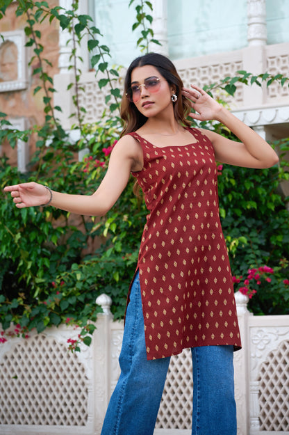 Maroon Geometric Print Straight Cotton Stitched Short Kurta