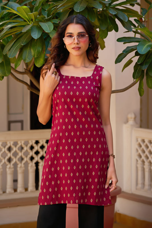 Burgundy Geometric Print Straight Cotton Stitched Short Kurta