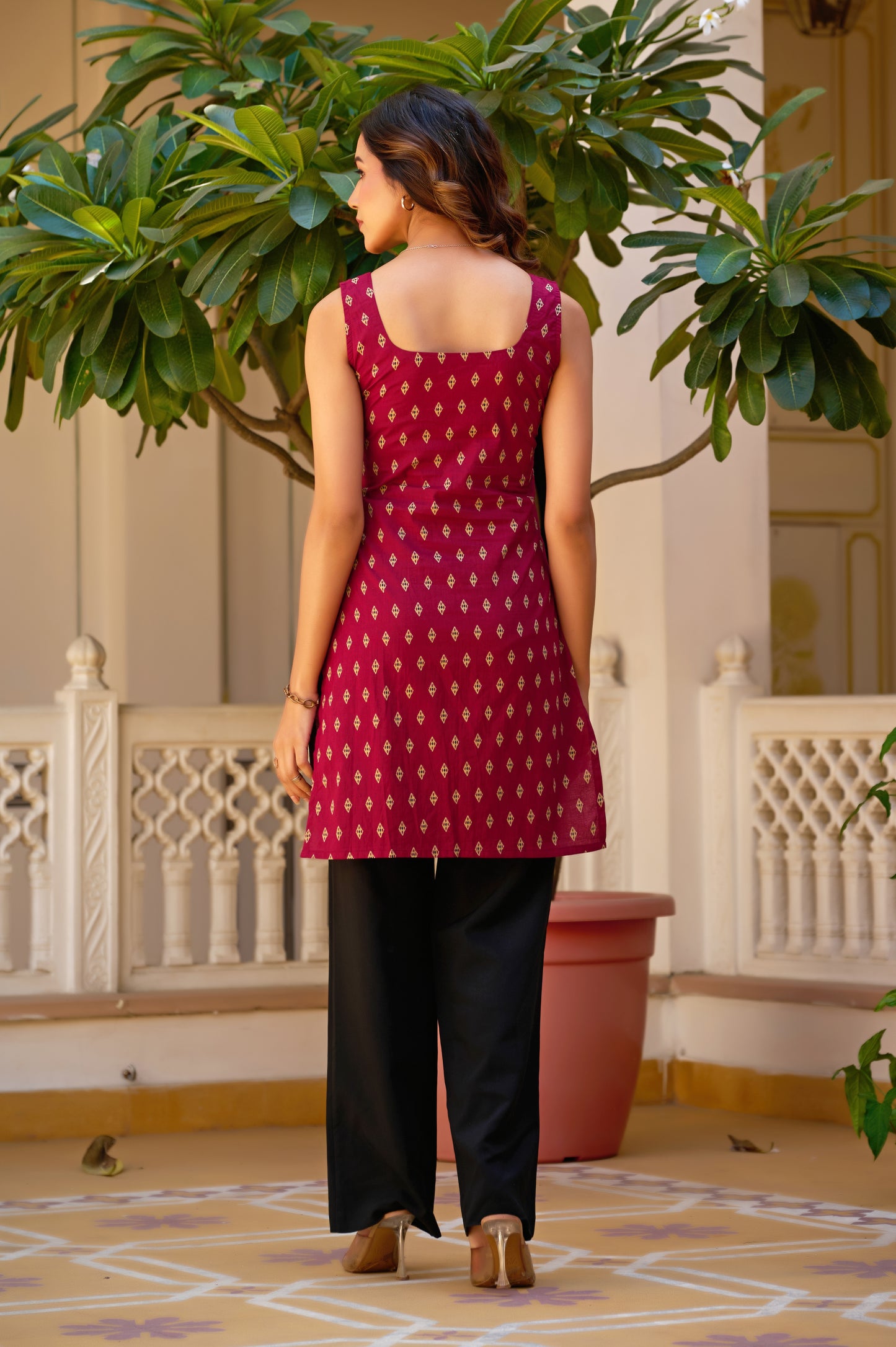 Burgundy Geometric Print Straight Cotton Stitched Short Kurta
