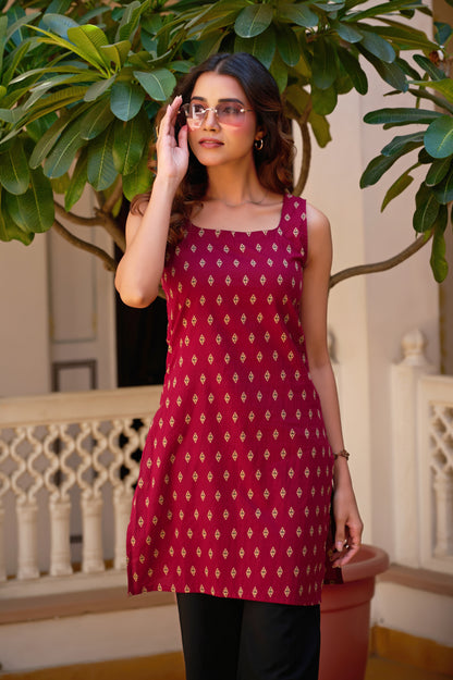 Burgundy Geometric Print Straight Cotton Stitched Short Kurta