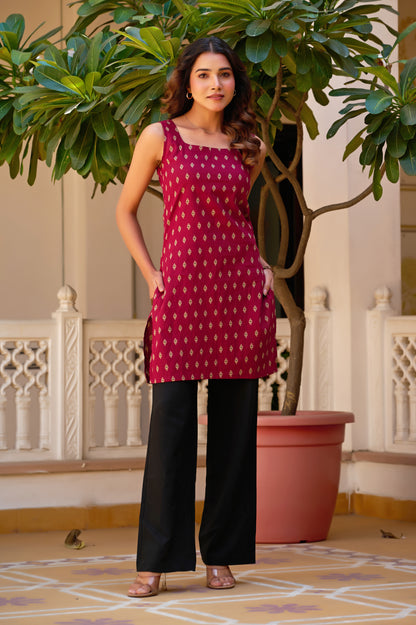Burgundy Geometric Print Straight Cotton Stitched Short Kurta