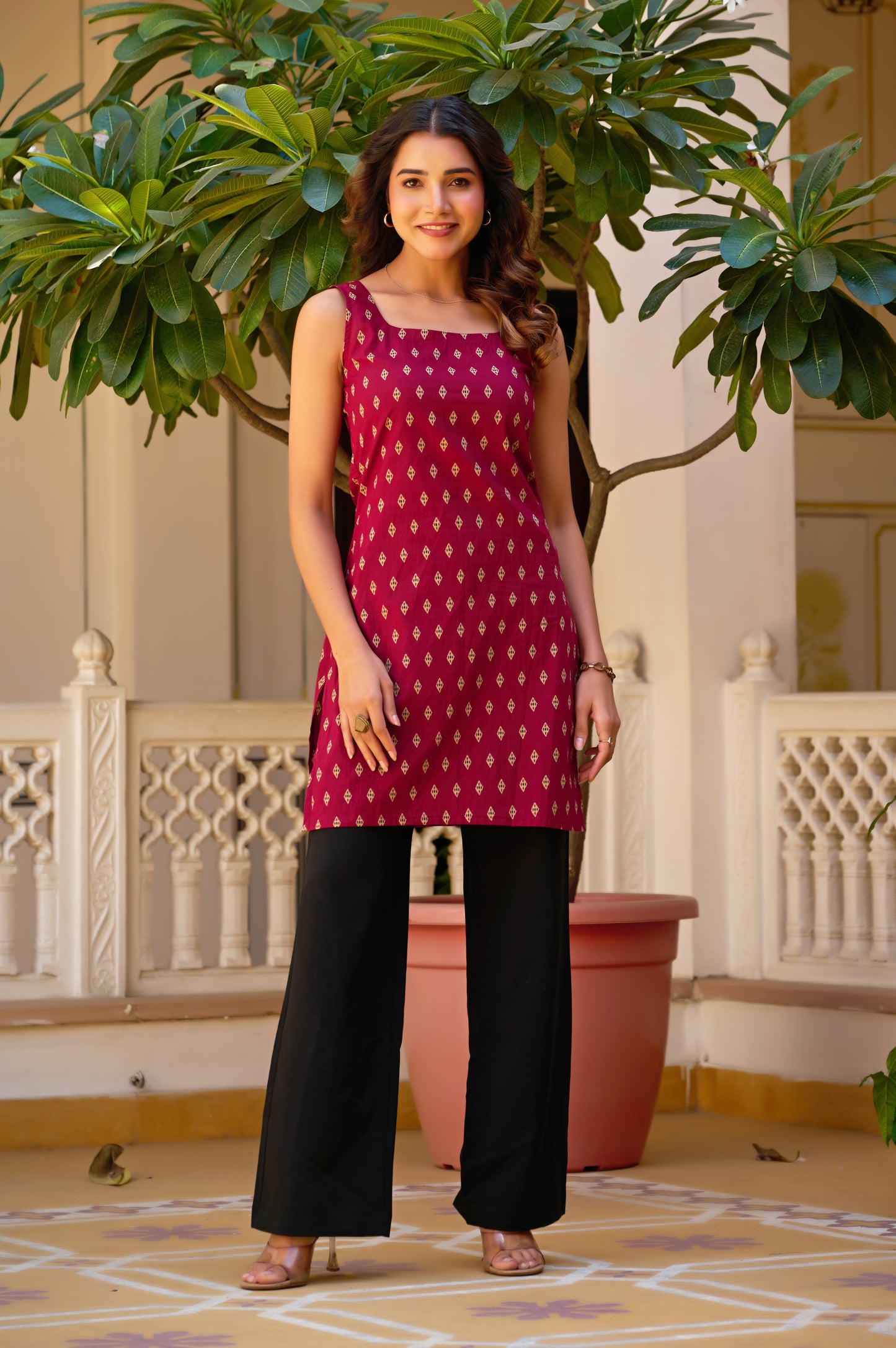 Burgundy Geometric Print Straight Cotton Stitched Short Kurta