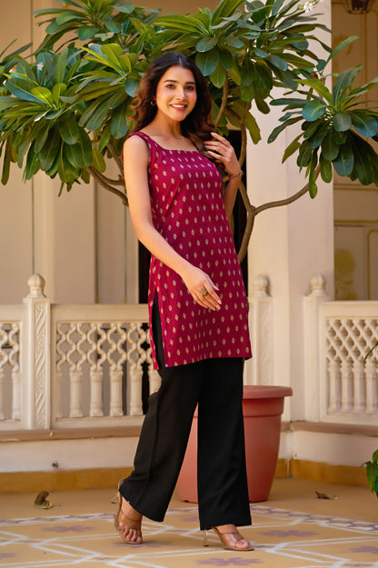 Burgundy Geometric Print Straight Cotton Stitched Short Kurta