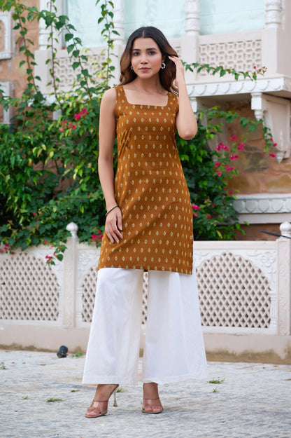 Mustard Geometric Print Straight Cotton Stitched Short Kurta