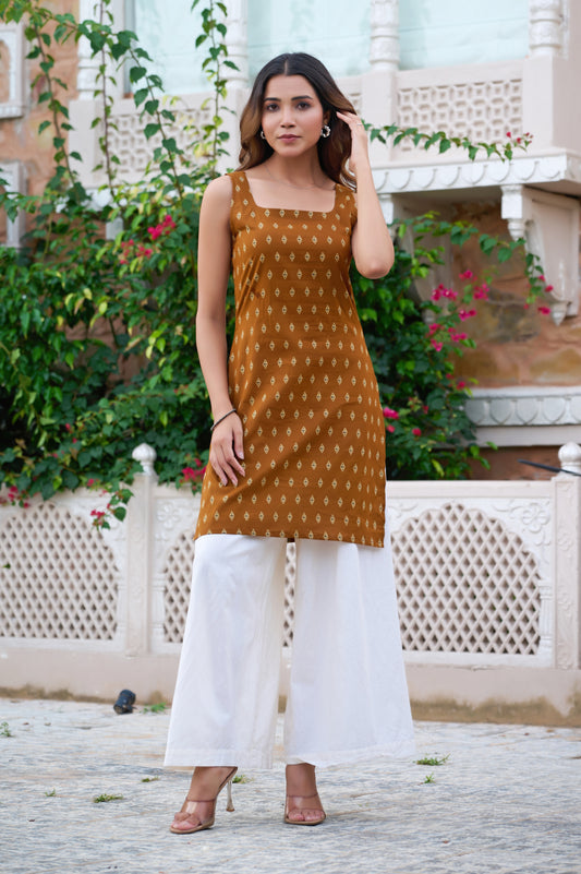 Mustard Geometric Print Straight Cotton Stitched Short Kurta