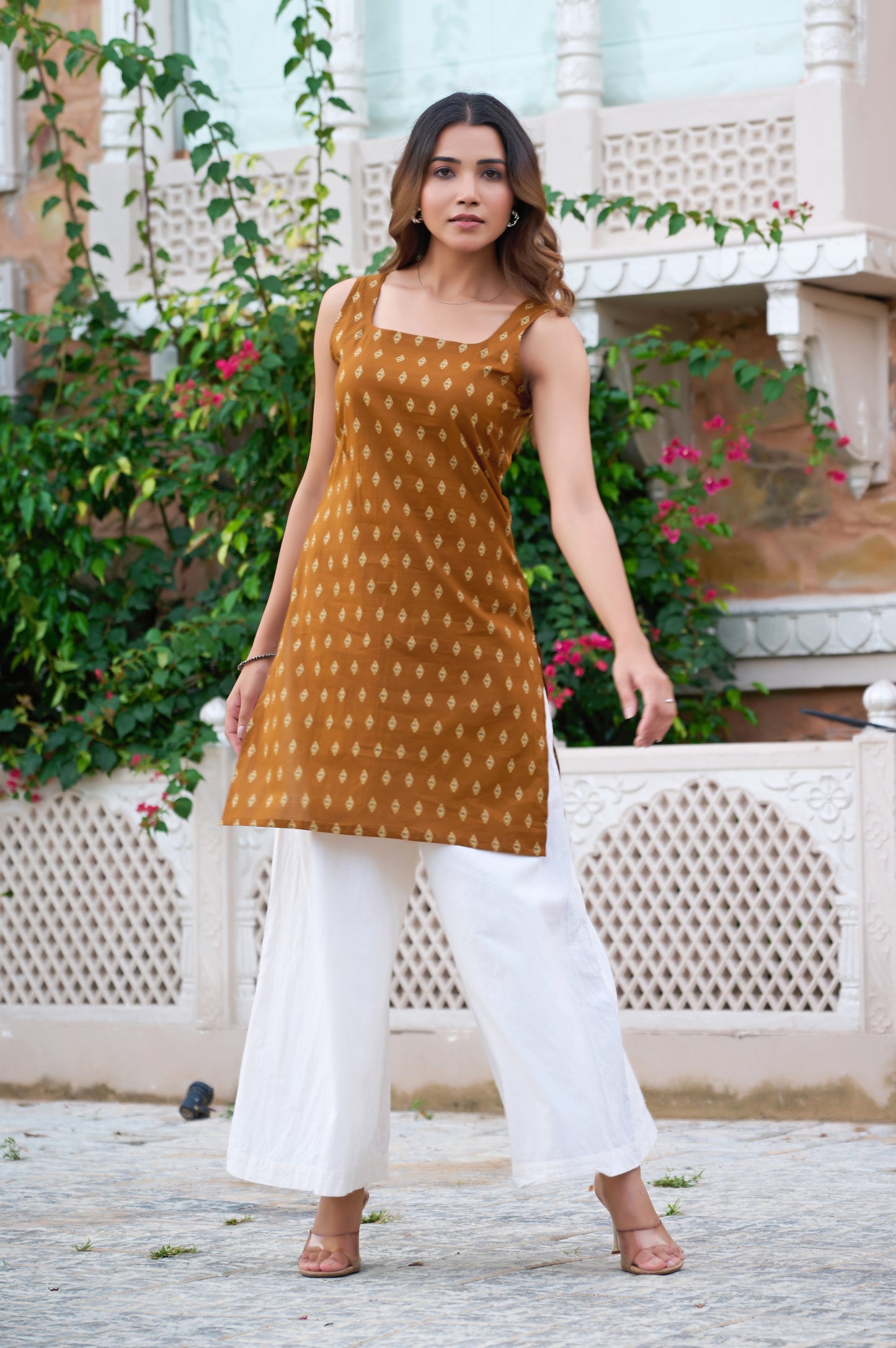 Mustard Geometric Print Straight Cotton Stitched Short Kurta