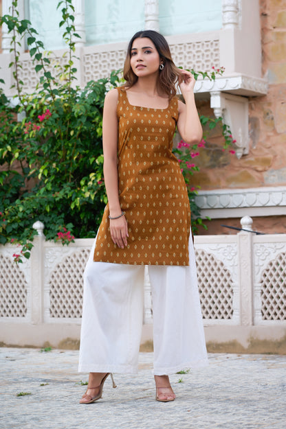 Mustard Geometric Print Straight Cotton Stitched Short Kurta