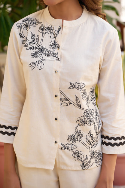 Off-White Floral Straight Khadi Cotton Stitched Co-Ord Set