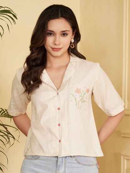 Off-White Solid Straight Cotton Flex Stitched Top