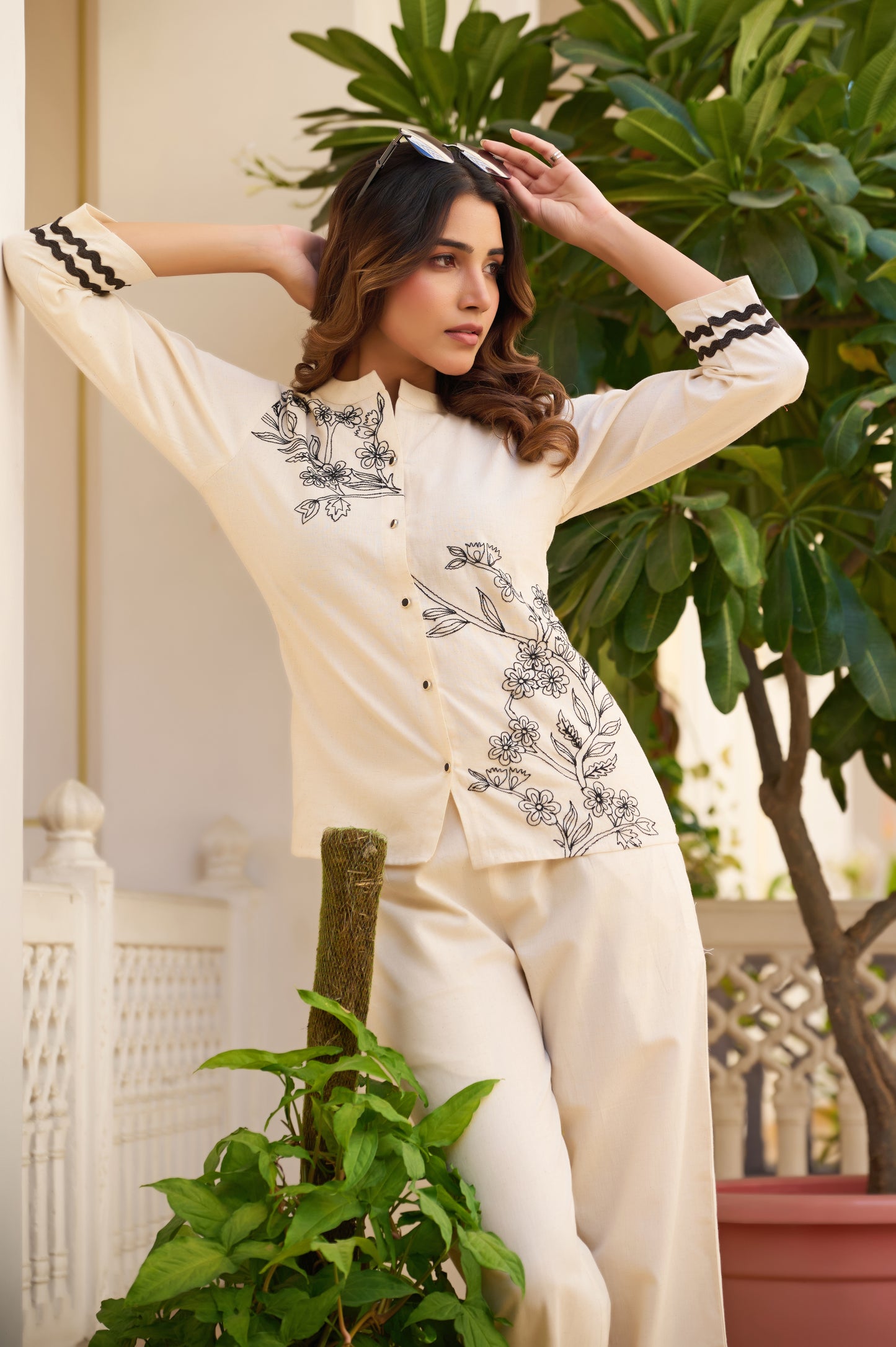 Off-White Floral Straight Khadi Cotton Stitched Co-Ord Set