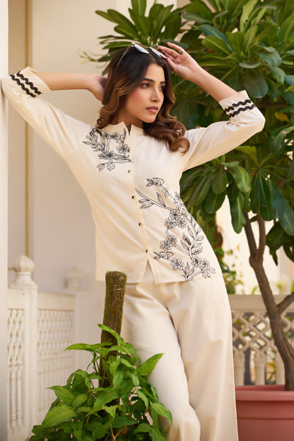 Off-White Floral Straight Khadi Cotton Stitched Co-Ord Set
