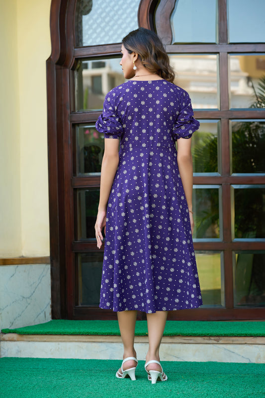 Wine Floral Print Fit & Flare Cotton Stitched Dress