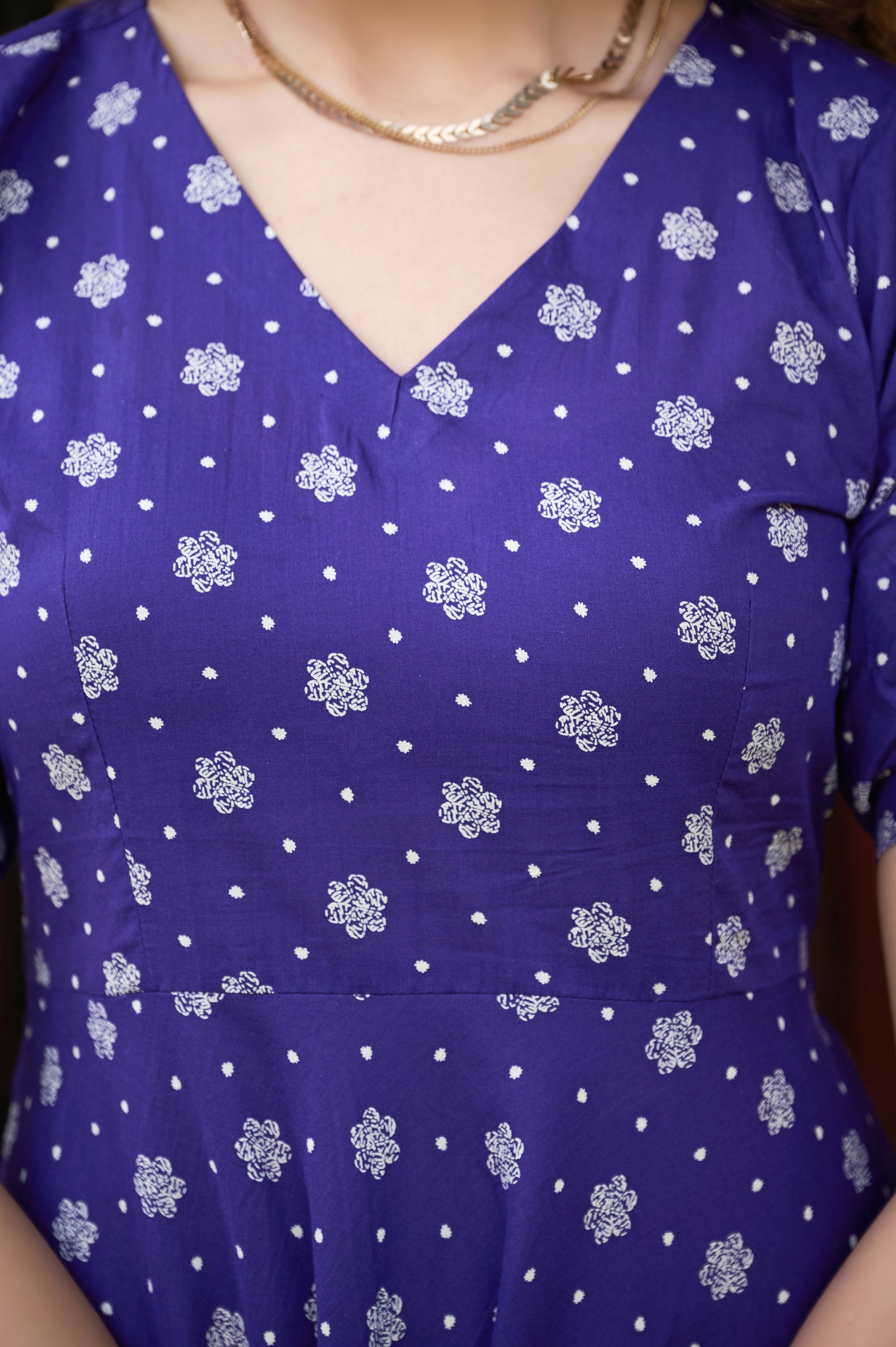 Wine Floral Print Fit & Flare Cotton Stitched Dress