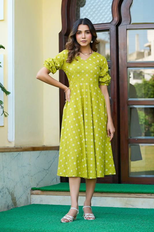 Parrot Floral Print Fit & Flare Cotton Stitched Dress