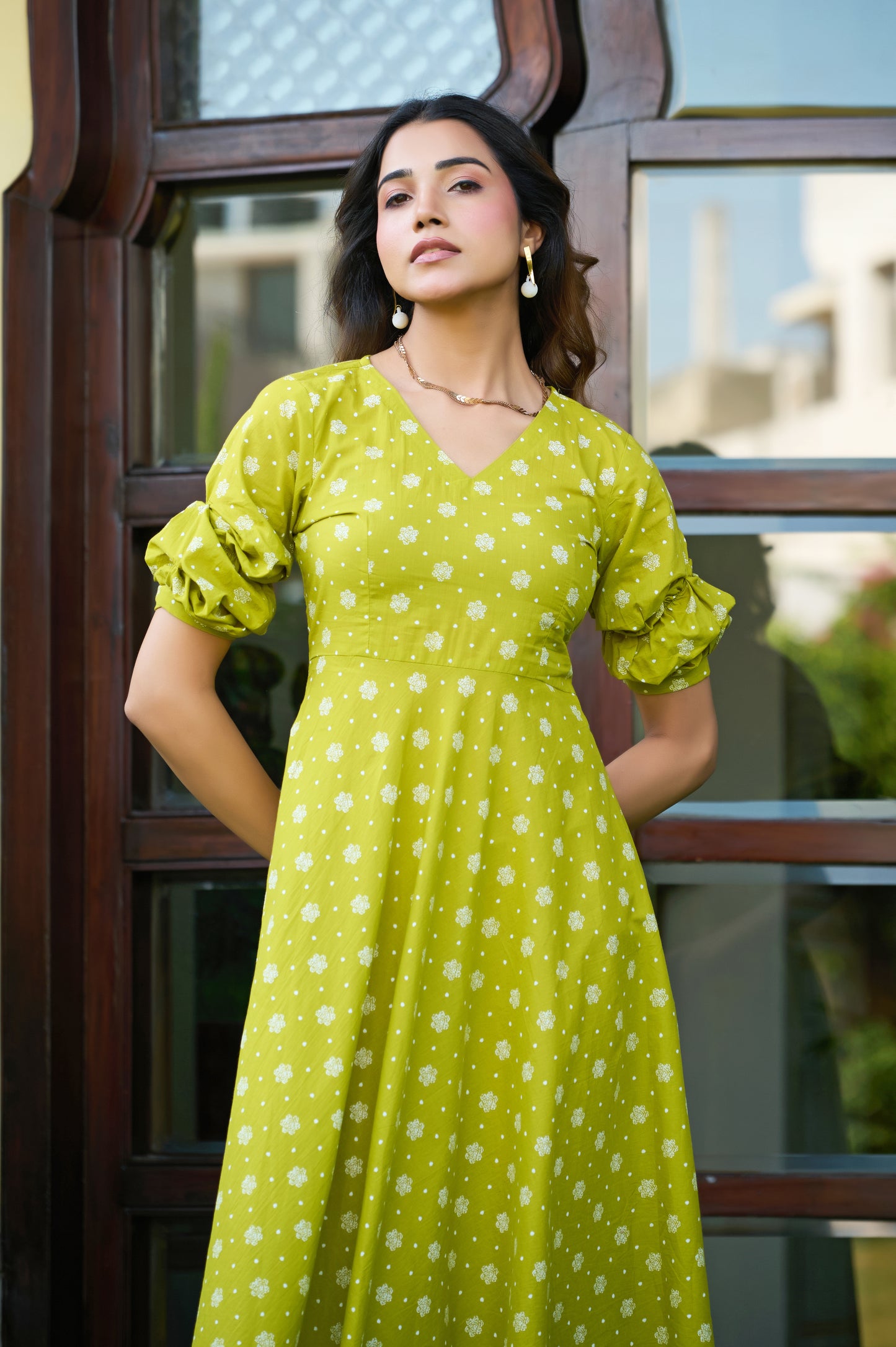 Parrot Floral Print Fit & Flare Cotton Stitched Dress