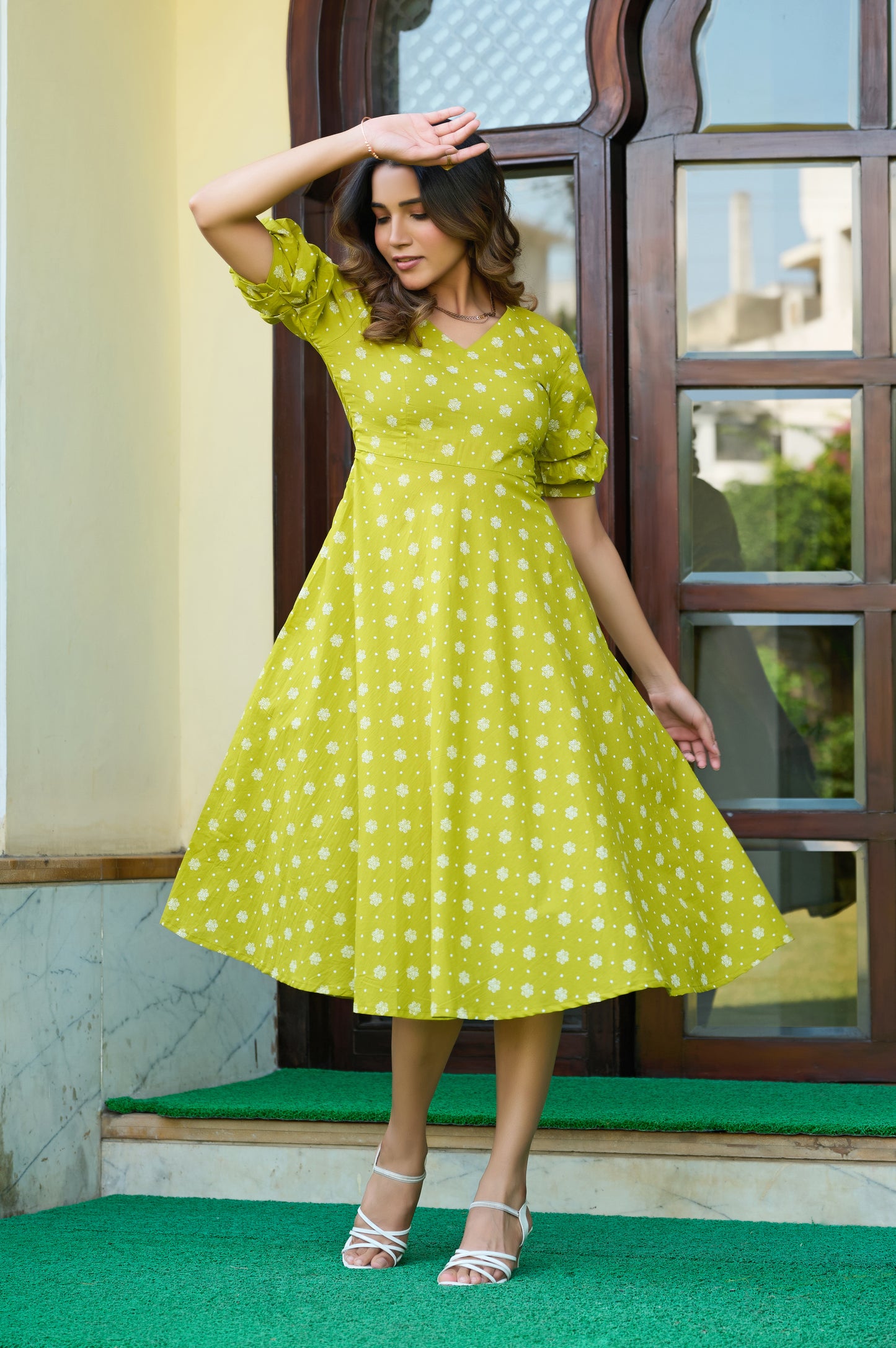 Parrot Floral Print Fit & Flare Cotton Stitched Dress