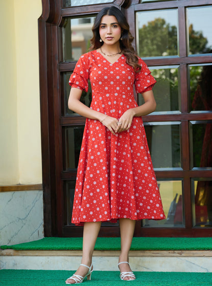 Orange Floral Print Fit & Flare Cotton Stitched Dress