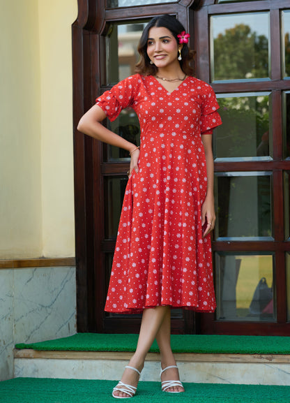 Orange Floral Print Fit & Flare Cotton Stitched Dress