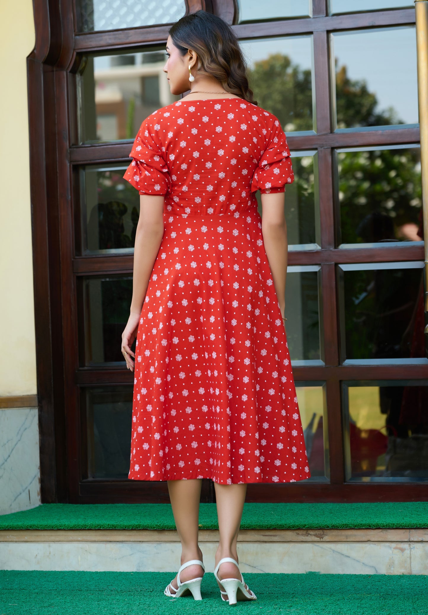 Orange Floral Print Fit & Flare Cotton Stitched Dress
