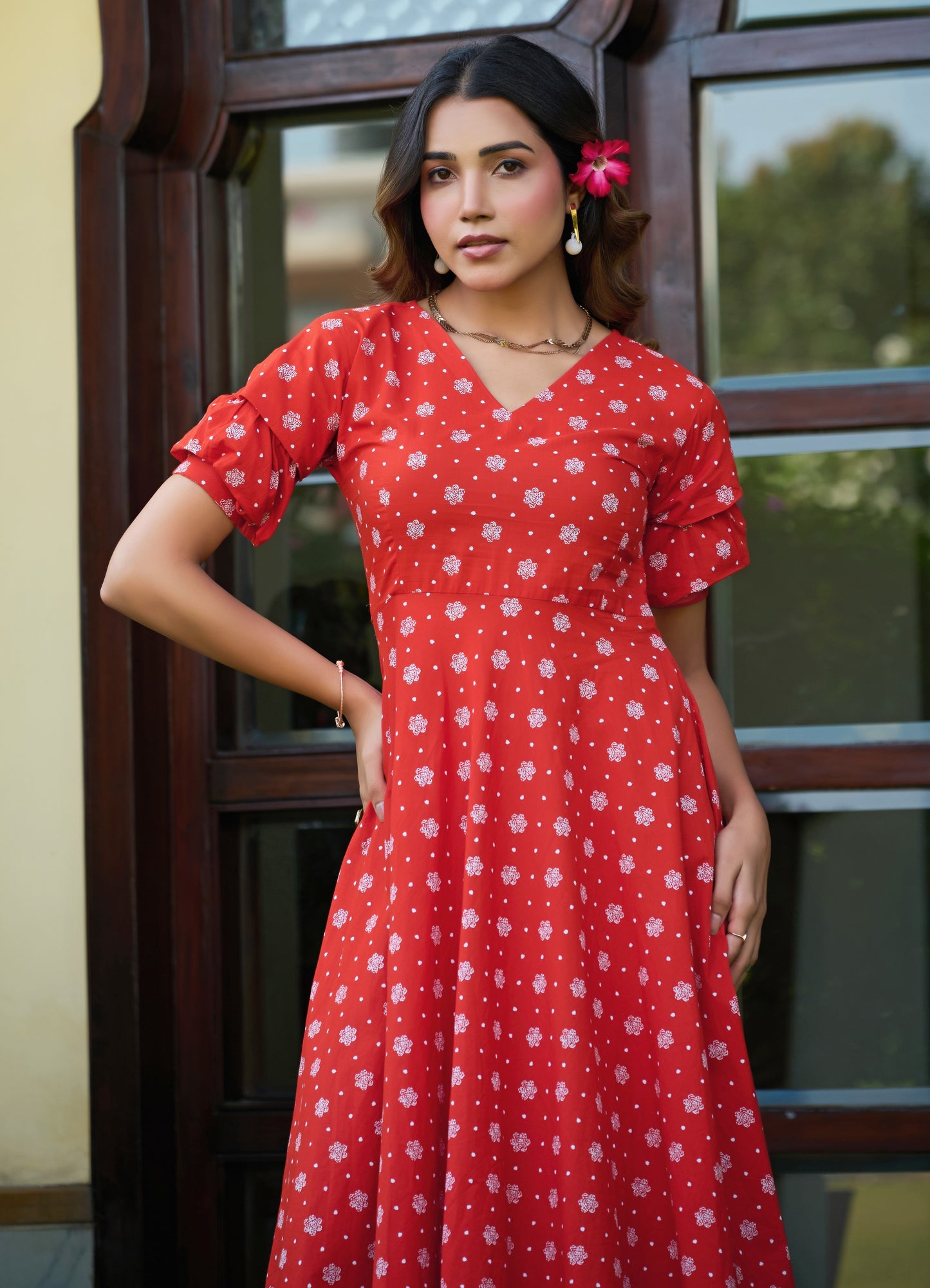 Orange Floral Print Fit & Flare Cotton Stitched Dress