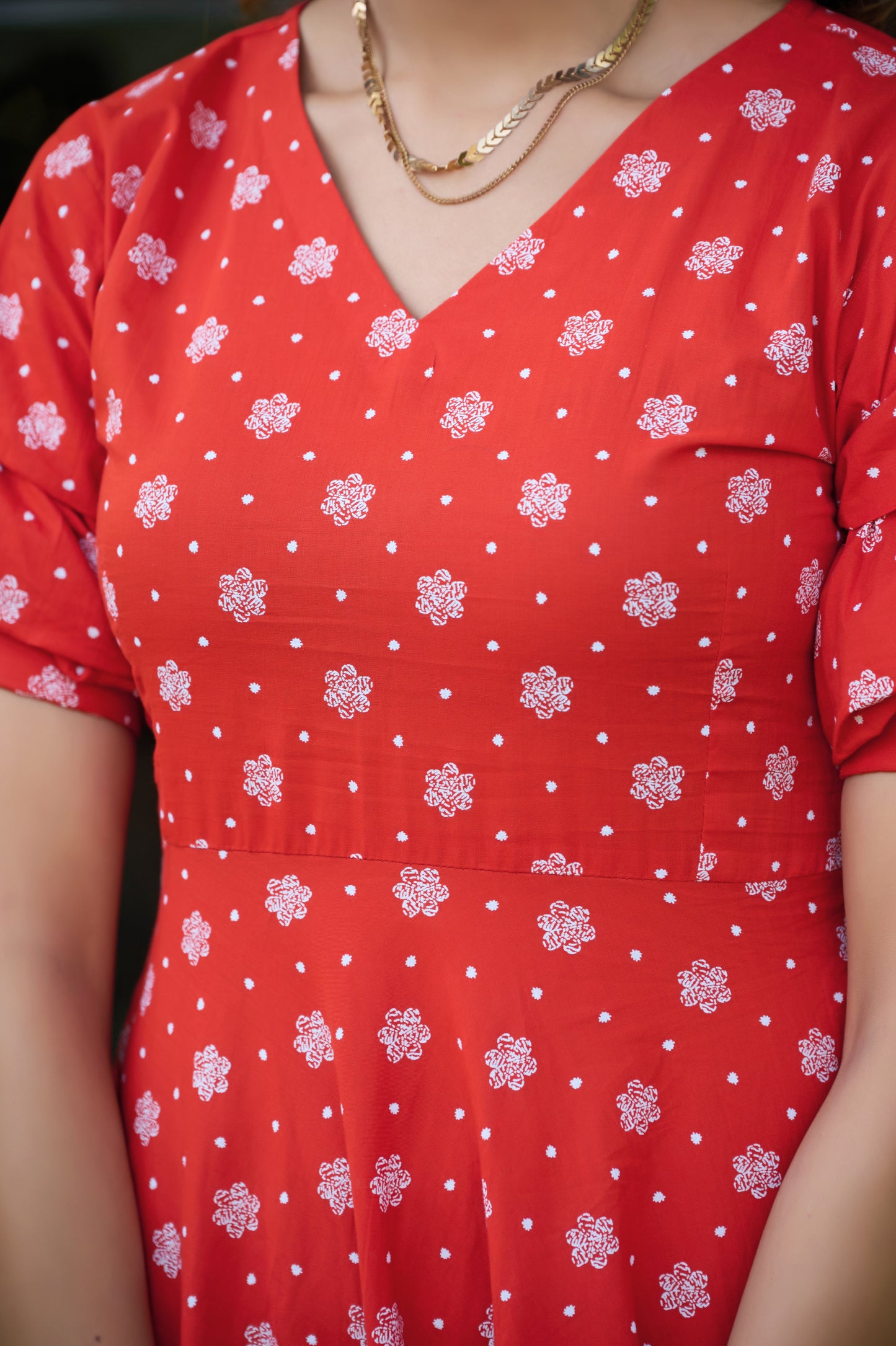 Orange Floral Print Fit & Flare Cotton Stitched Dress