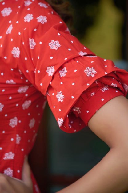 Orange Floral Print Fit & Flare Cotton Stitched Dress