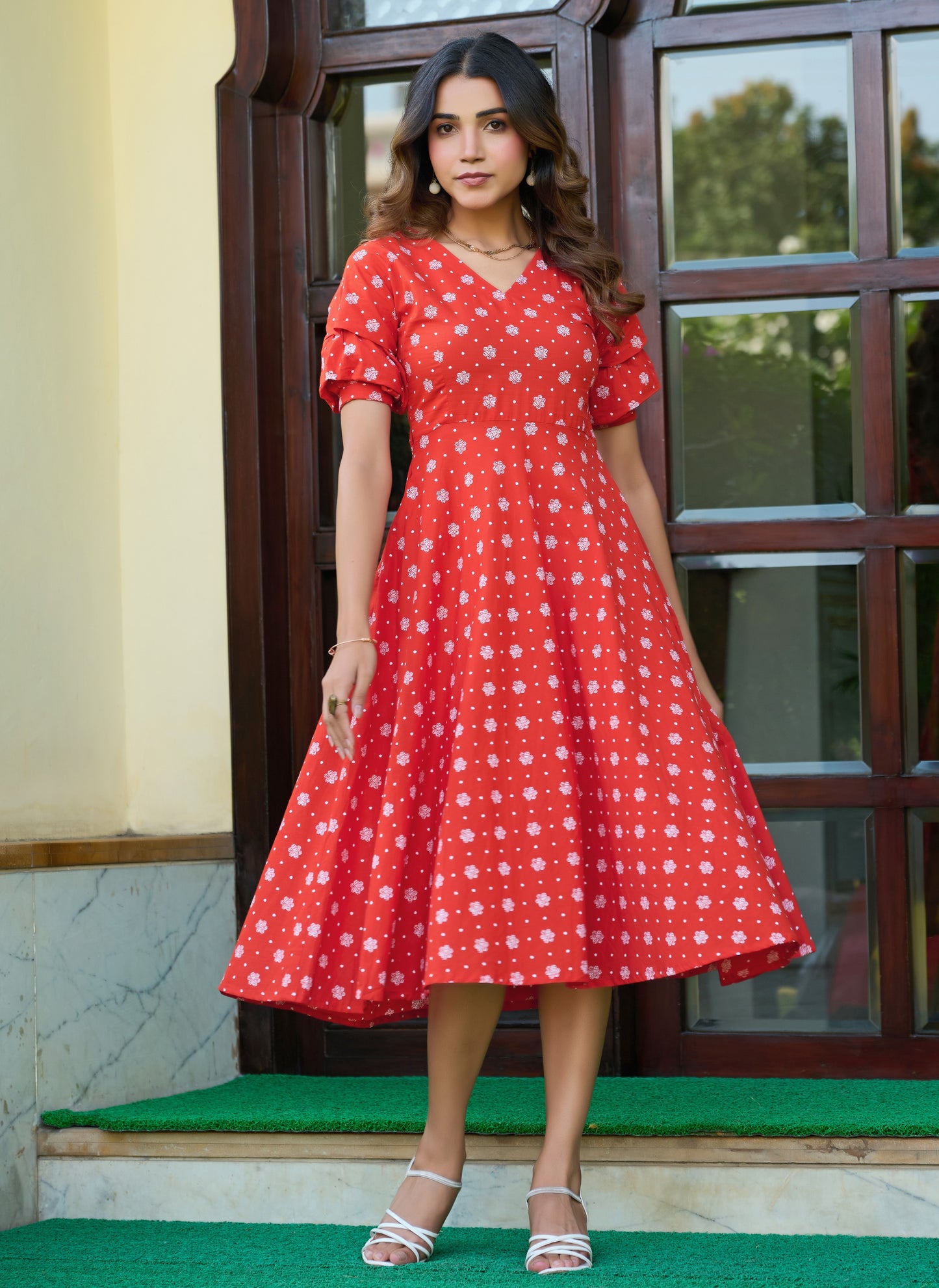 Orange Floral Print Fit & Flare Cotton Stitched Dress