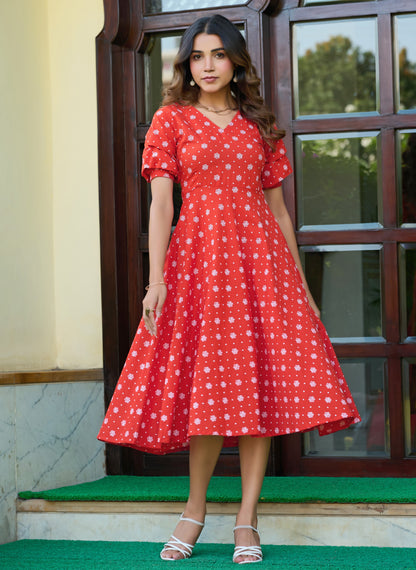 Orange Floral Print Fit & Flare Cotton Stitched Dress